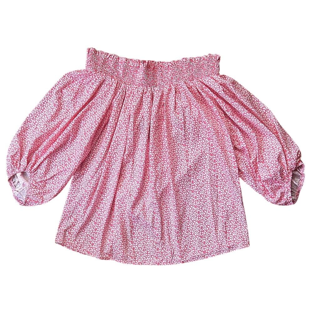 NWT Cezele Off Shoulder Lantern Sleeve Pink & White Floral Print Blouse Large